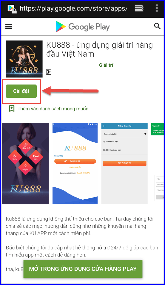 Chọn cài đặt KU888 từ google play